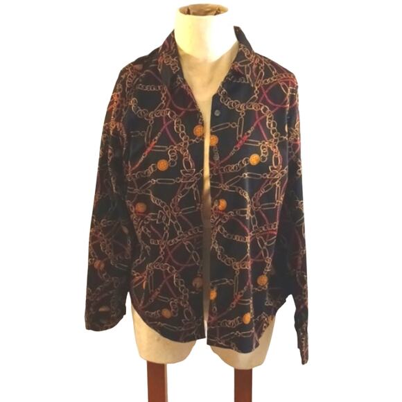 Charter Club Long Sleeve Shirt Sz 12 Abstract Gold Chains Equestrian Career Y2K - Picture 10 of 13